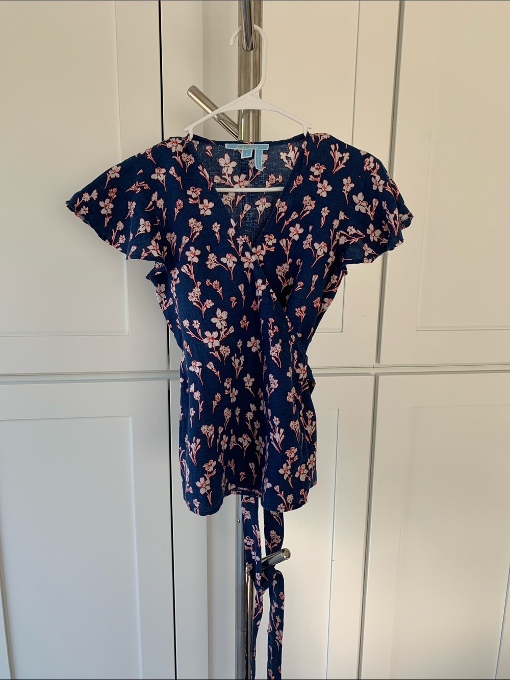 Draper James Navy Wrap Blouse with Red and White Floral Print, Size 2.